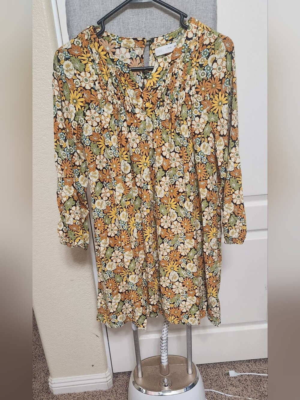 Zara Girls Boho Dress Rust, Yellow, Green Floral Girls Size 13-14, (Small Adult)